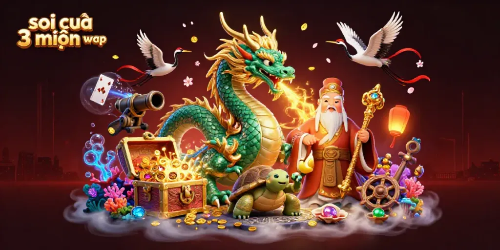 Engaging illustration of soi cầu 3 miền wap featuring a jade dragon, turtle sage, and lucky cranes amidst vibrant casino elements.