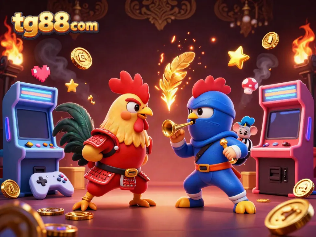 Engage in thrilling action at tg88 com with twin roosters in epic standoff, casino gaming visuals.