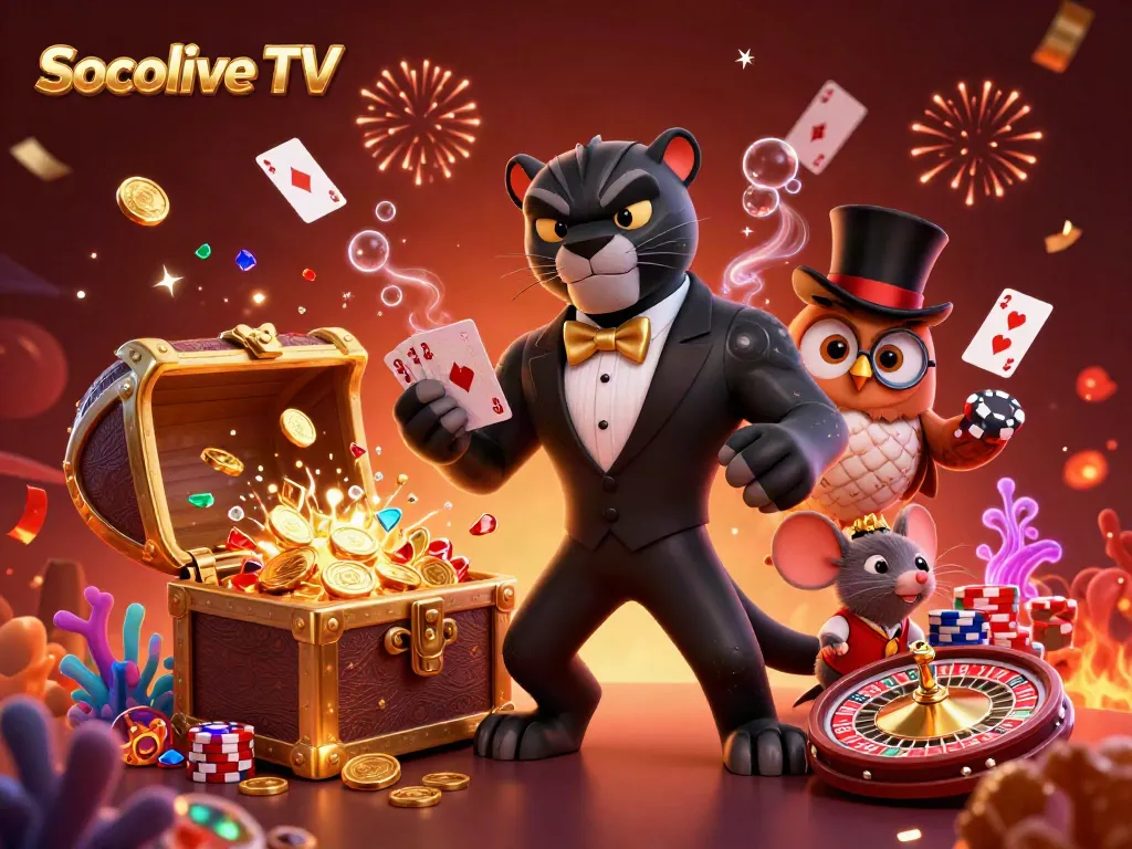 Socolive TV features a stylish panther dealer with cards, surrounded by festive casino elements.