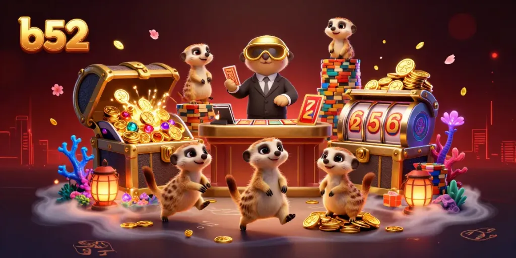 Experience the excitement of the b52 online casino with meerkats running operations in a vibrant gambling scene.