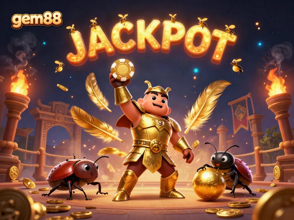 Experience the thrill of gem88 with a victorious beetle and dynamic casino elements in a vibrant scene.