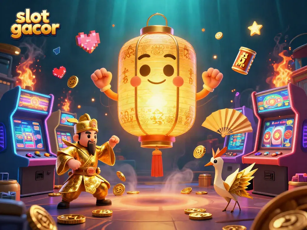 Experience the thrill of slot gacor with a dynamic illustration of a golden lantern spirit amidst vibrant casino elements.