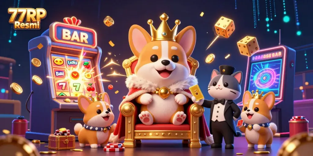 Experience thrilling wins with 77RP Resmi featuring a royal corgi and exciting casino elements.
