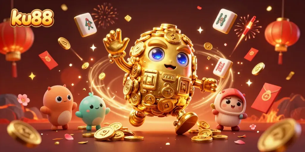 Engage in thrilling gaming adventures at ku88 with a vibrant 3D illustration of a golden golem and festive casino elements.