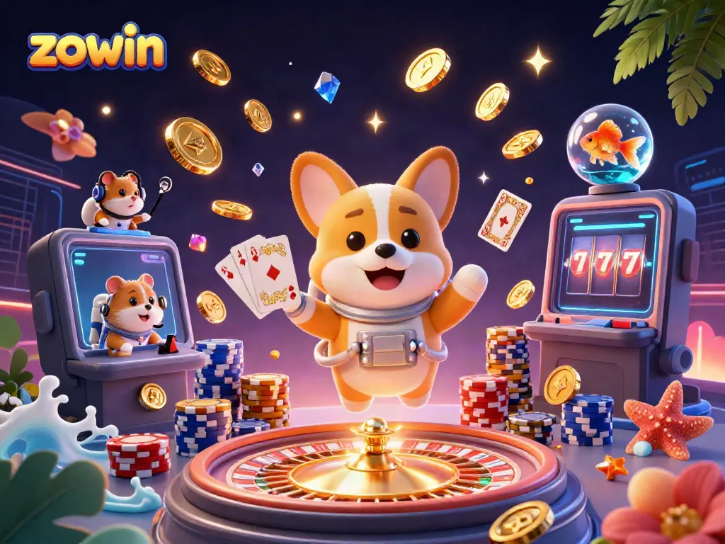 Zowin offers innovative gameplay in a vibrant casino setting, showcasing golden coins and dynamic game elements.