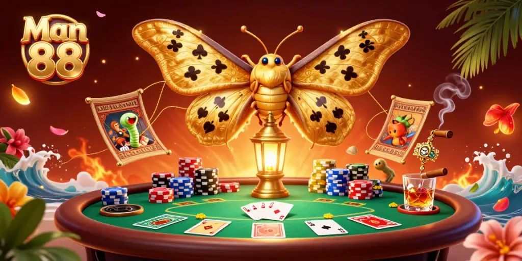 Experience thrilling gaming action at Man 88 with a stunning casino-themed digital illustration of a majestic atlas moth.