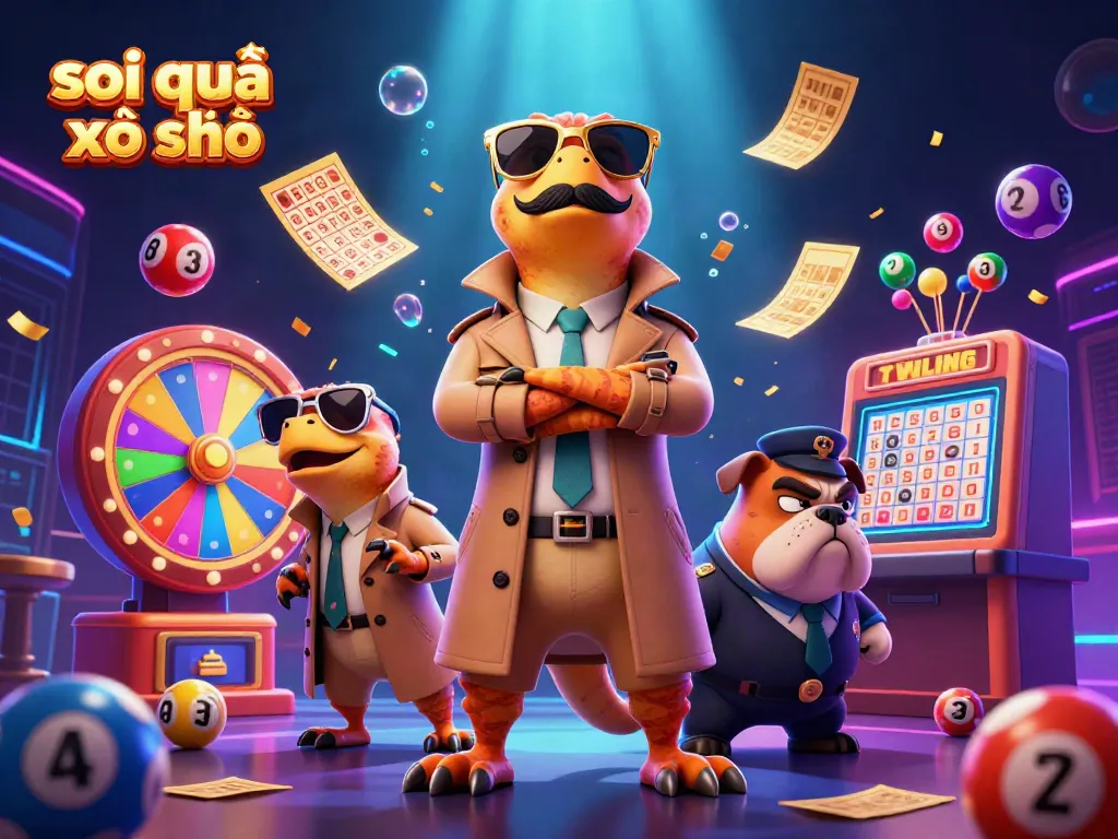 Experience the fun of soi cầu xổ số with raptors sneaking into a VIP casino, surrounded by colorful lottery elements.