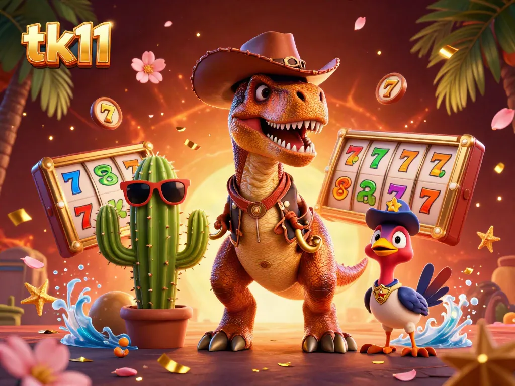 Engage with tk11's thrilling casino excitement, featuring colorful slot reels and playful characters.