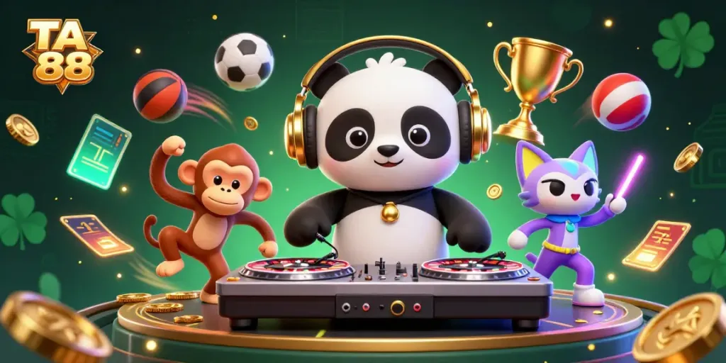 Engaging TA 88 illustration of a DJ panda spinning roulette wheels, capturing the casino atmosphere.