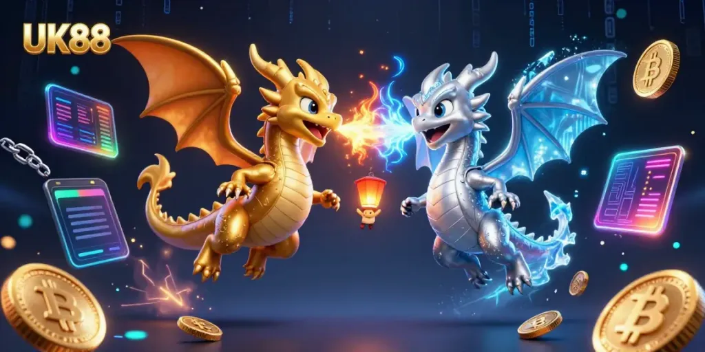 Engage with UK88's dynamic online gaming experience featuring animated dragons and cryptocurrency elements.