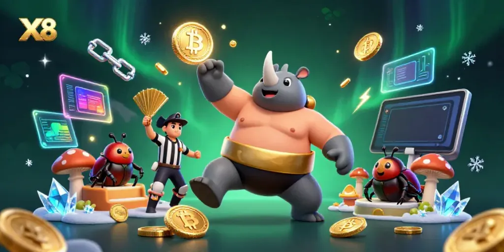 Experience the excitement of XX8 with a vibrant scene of winning beetles amidst golden coins and digital elements.