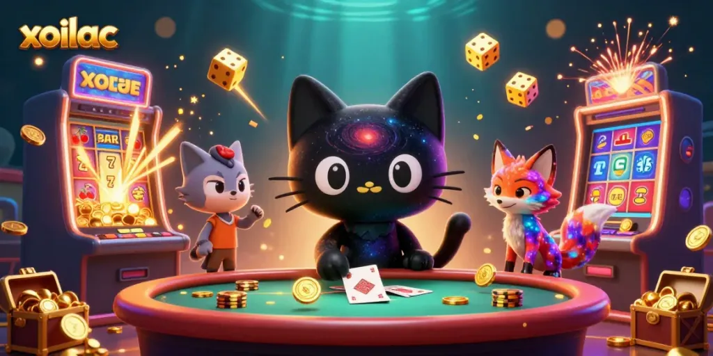 Experience the thrilling gravity of xoilac as a cosmic cat pulls in golden chips and cards at an interstellar casino.