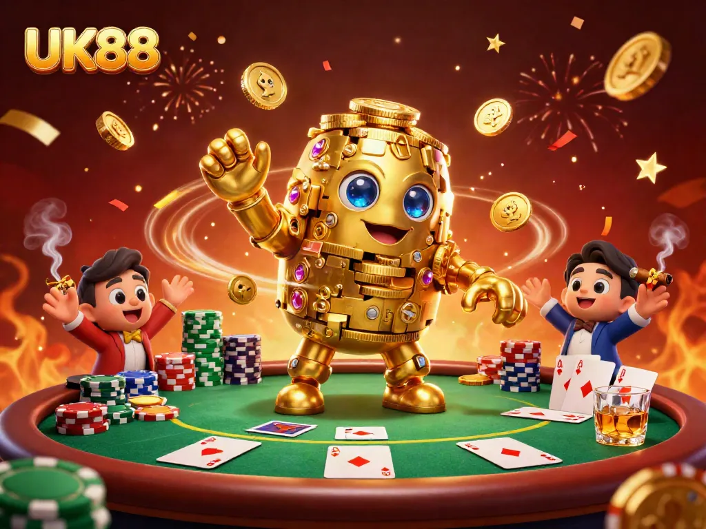 UK88 golden golem wins big at poker with coins and vivid casino elements.