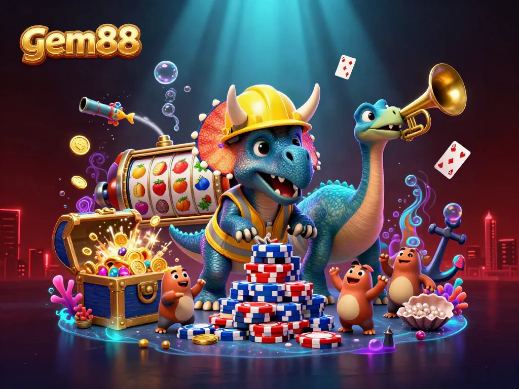 Engage with gem88's thrilling slots as a triceratops builds poker chips amidst vibrant underwater treasures.