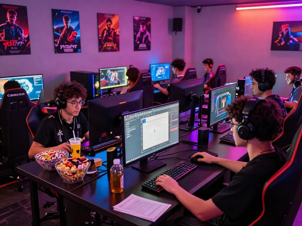 man 88 gaming enthusiasts competing in a vibrant esports lounge filled with excitement.