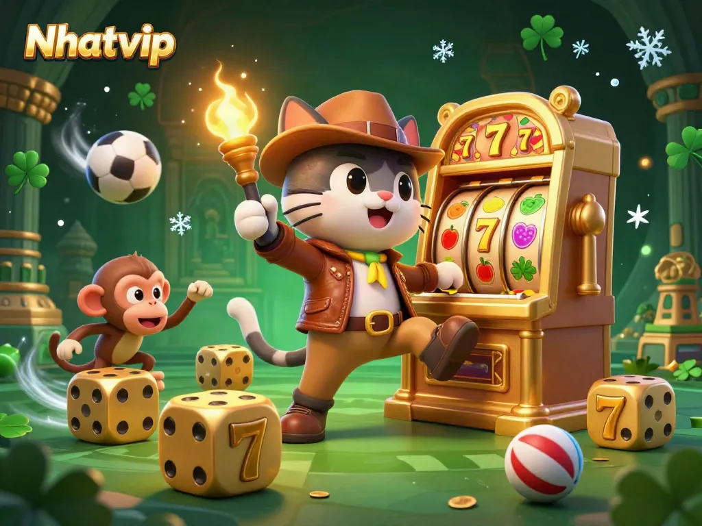 Nhatvip's vibrant casino adventure shows an explorer cat uncovering a jackpot slot machine amidst thrill and ancient traps.