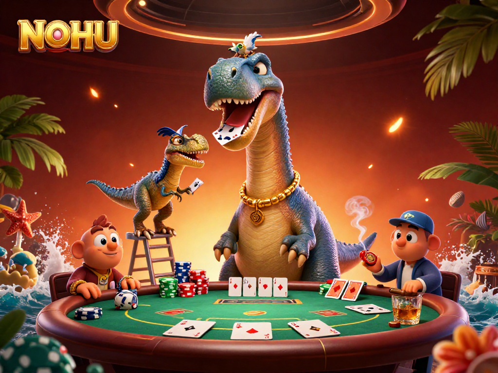 NOHU showcases a vibrant poker scene with a towering brontosaurus and clever raptor dealer.