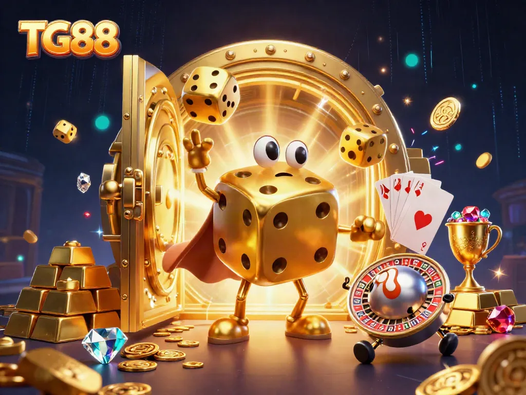Engage with TG88 through a vibrant and rich 3D illustration showcasing golden dice and casino elements.