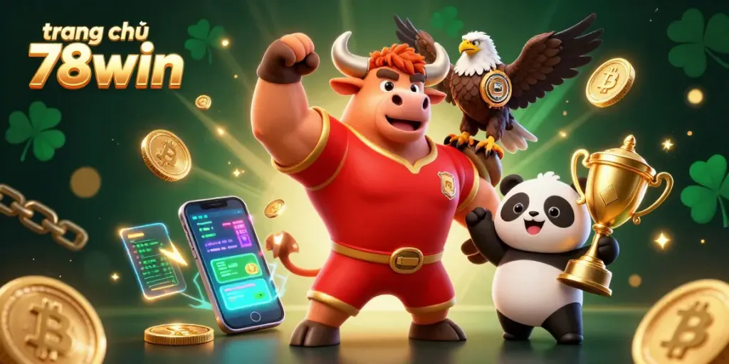 Experience thrilling gameplay with a vibrant scene of trang chủ 78win featuring a victorious bull, championship eagle, and a joyful panda.