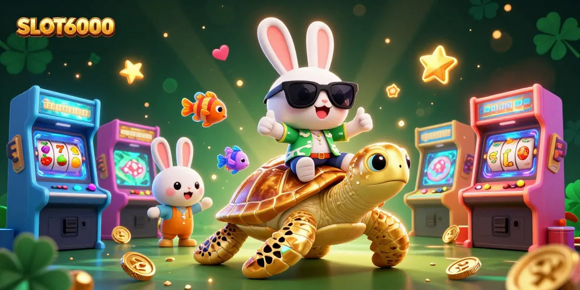 SLOT6000 rabbit and golden turtle surrounded by vibrant casino elements for an engaging gaming experience