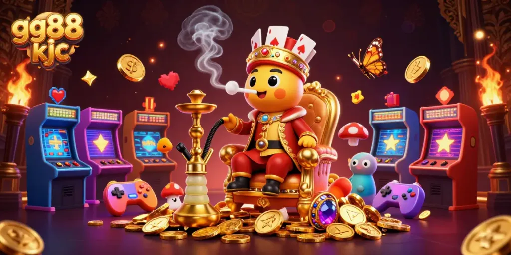 Engage in gaming excitement at gg88 kjc with vibrant casino elements and characters enjoying high-stakes action.