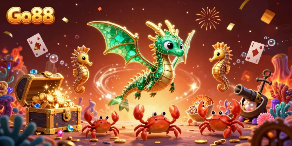 Experience the excitement of Go88 with a dazzling sea dragon and treasure-filled underwater scene.