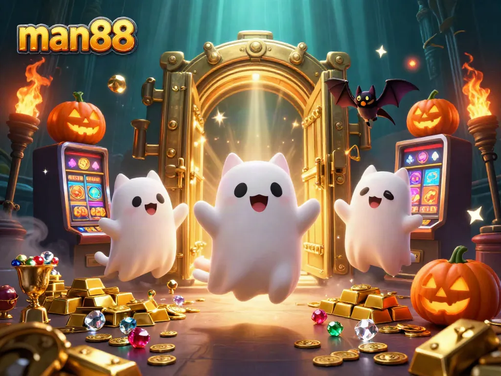 Experience thrilling gaming adventures at man88 with a playful ghost cat and vibrant casino elements.