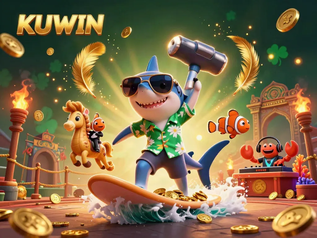 Experience adventure with KUWIN as a hammer-head shark surfs on gold coins surrounded by vibrant sea creatures.