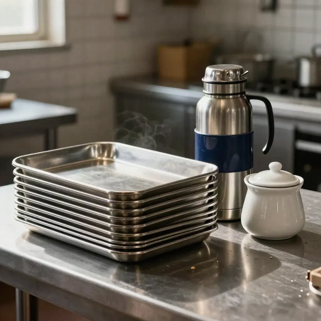 Stalowe tace stołówkowe, termos i cukiernica na metalowym blacie w ciepłej mgiełce.