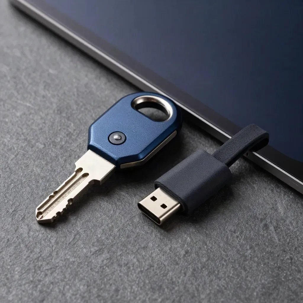 Makro klucza bezpieczeństwa USB-C, adaptera i silikonowej opaski na grafitowej powierzchni.