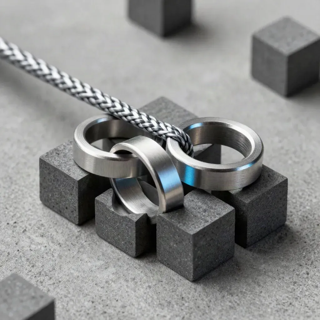 Aluminiowe pierścienie, pleciony kabel i grafitowe bloki na betonowym tle.