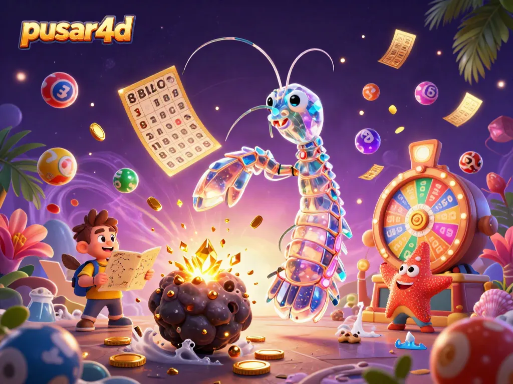 Experience pusar4d excitement with a galactic mantis shrimp bursting through an asteroid with golden treasures!