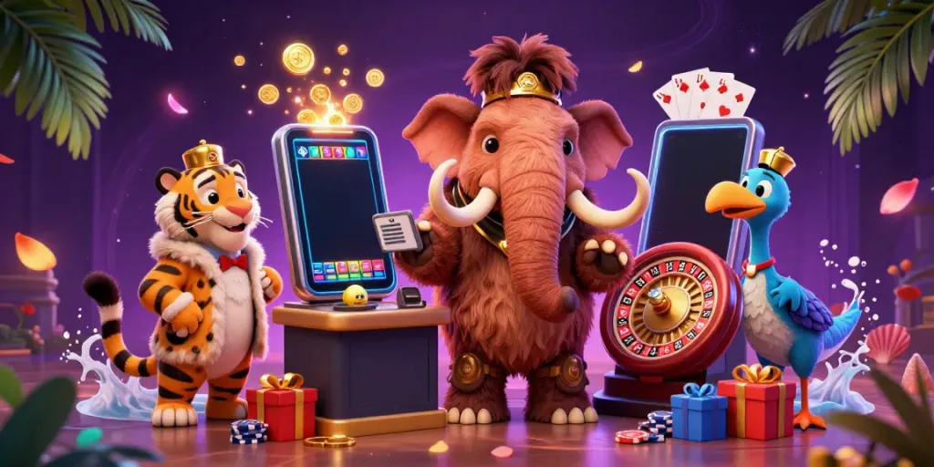 Engage in thrilling gaming at vf555 with a vibrant scene featuring a woolly mammoth bouncer, a saber-tooth tiger VIP, and casino elements.