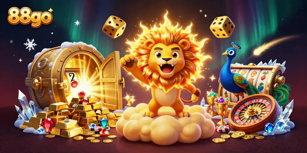 Spin the reels at 88go with vibrant casino elements like golden dice and slot machines.