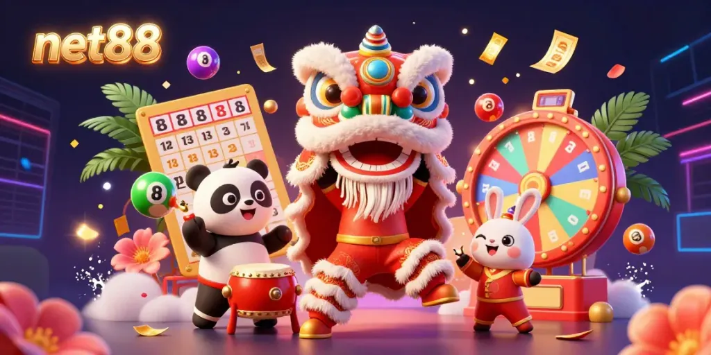 Engage with net88's vibrant gaming universe in this lively illustration showcasing a Chinese New Year lion dance amidst lottery elements.