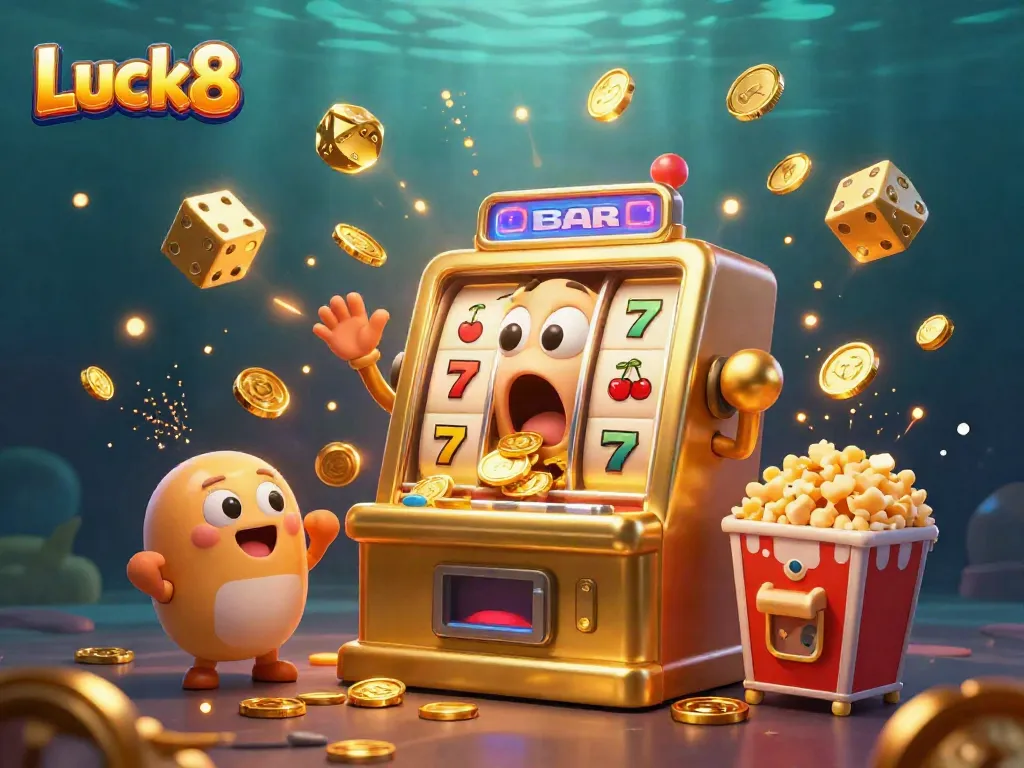 Luck8 slot machine hits jackpot, coins spill, with cheering machines and gold explosion elements.
