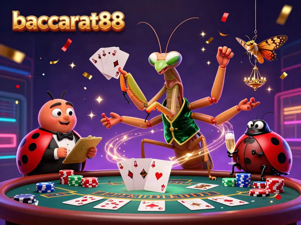 Experience excitement with baccarat88 as a giant praying mantis card sharp and ladybug pit boss create a vibrant casino atmosphere.