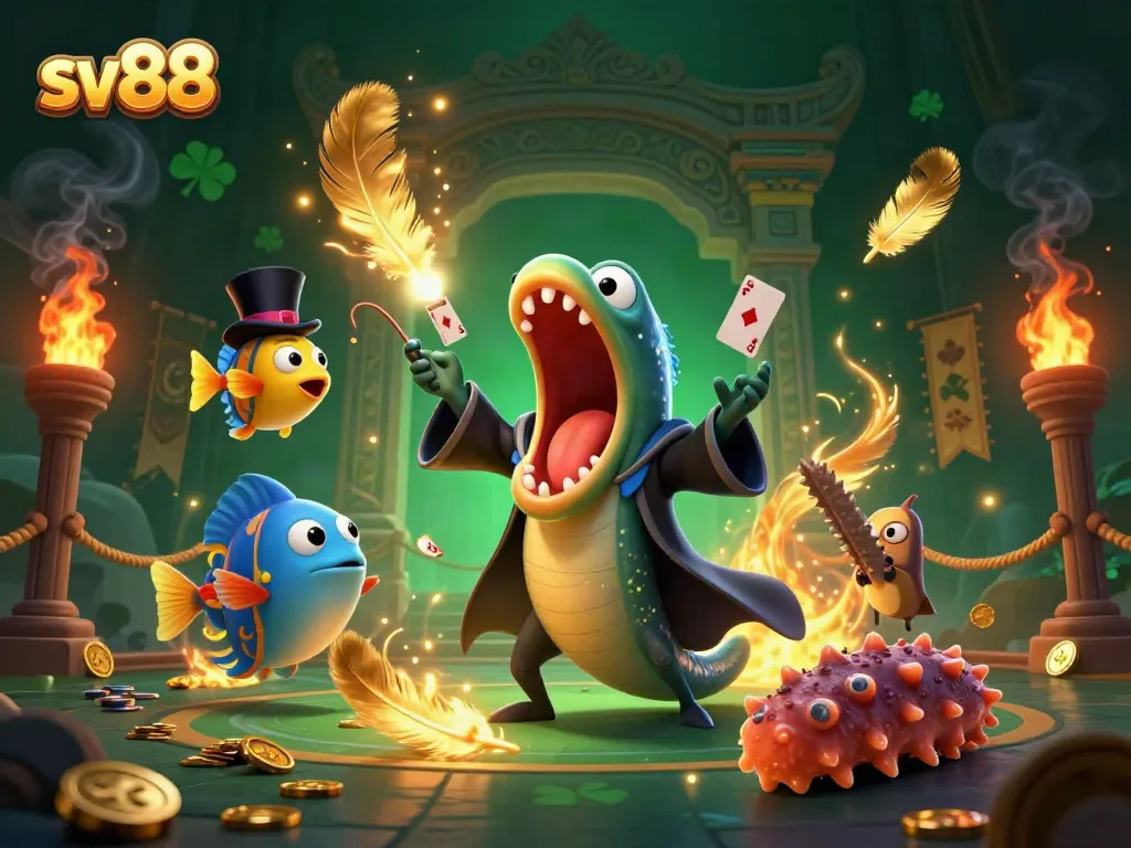Experience thrilling games at sv88, featuring a magical deep-sea performance with gold coins and betting tokens.