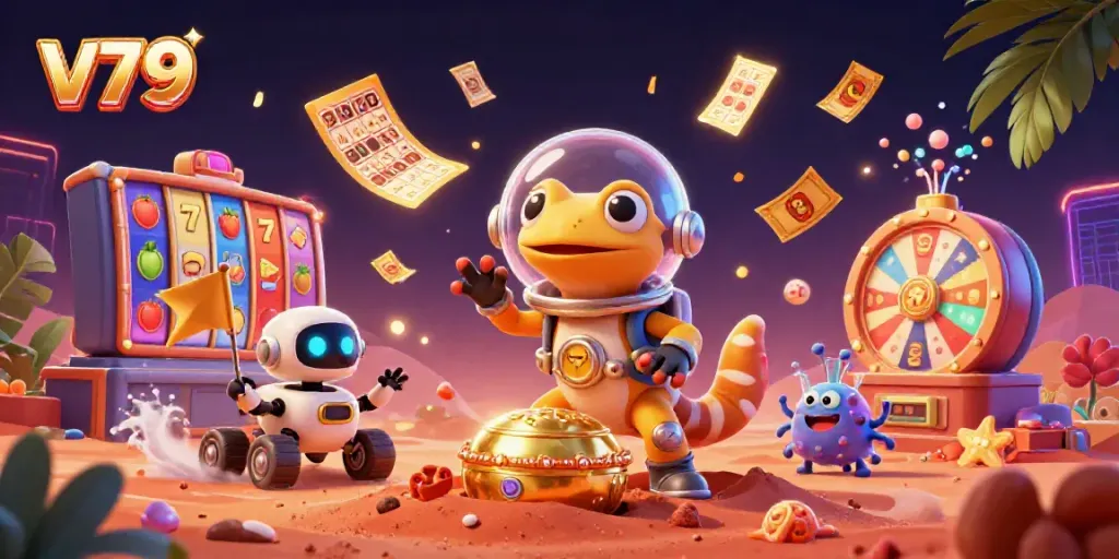 Experience the thrill of v79 slots with a vibrant Martian casino scene full of winning elements.