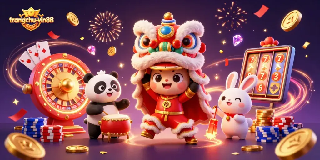 Experience thrilling wins at trangchu-vin88, featuring dynamic casino action and festive characters.