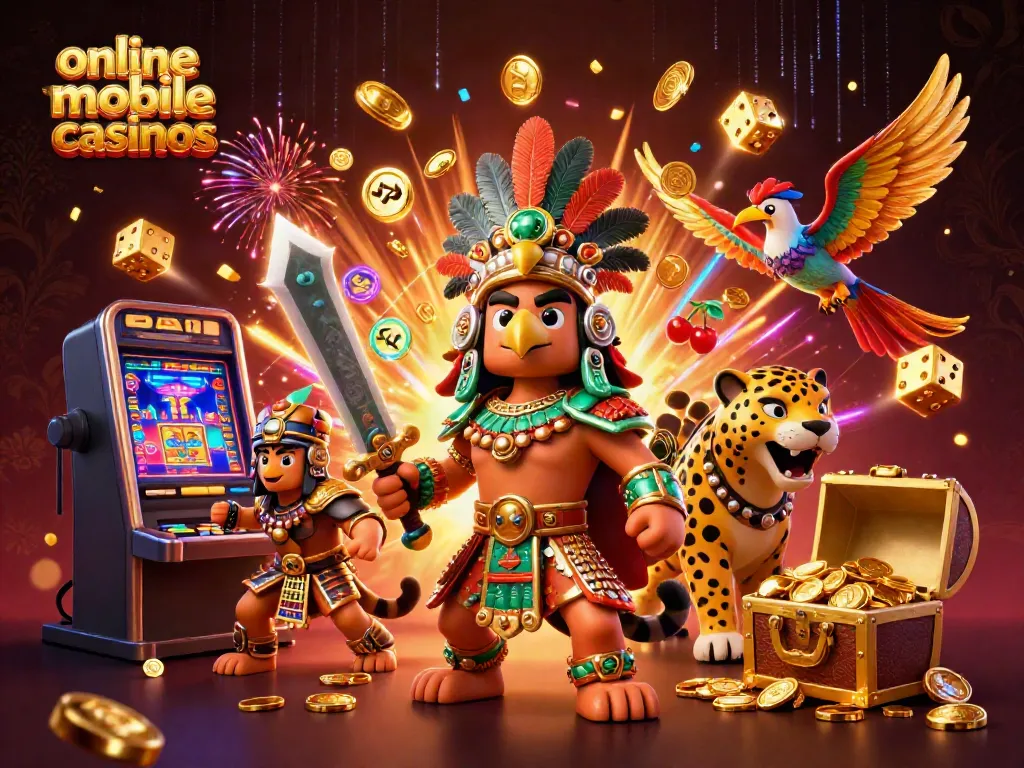 Experience the excitement of online mobile casinos with this vibrant 3D illustration featuring dynamic characters and games.