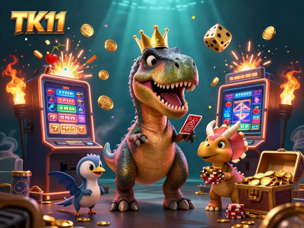 TK11 showcases a vibrant 3D casino scene with a T-Rex and friends in action as they shuffle cards and stack chips.