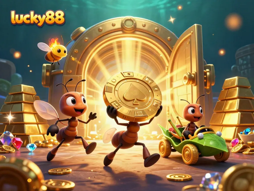 Join the lucky88 ants on a heist for poker chips and treasures in this vibrant casino adventure.