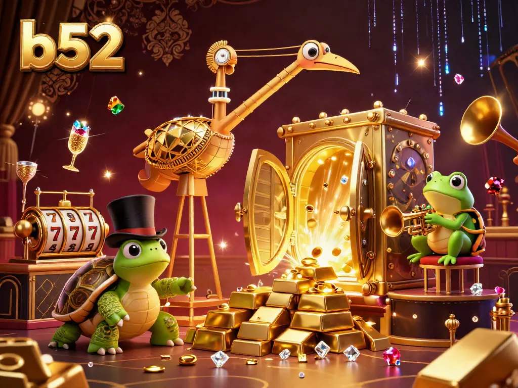 Experience the excitement of b52 casino with vibrant 3D characters celebrating at a treasure-filled speakeasy scene.