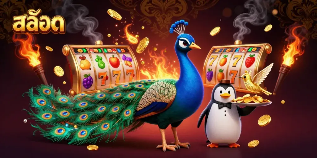 Experience thrilling สล็อต action with vibrant slot reels and dazzling characters in a casino illustration.