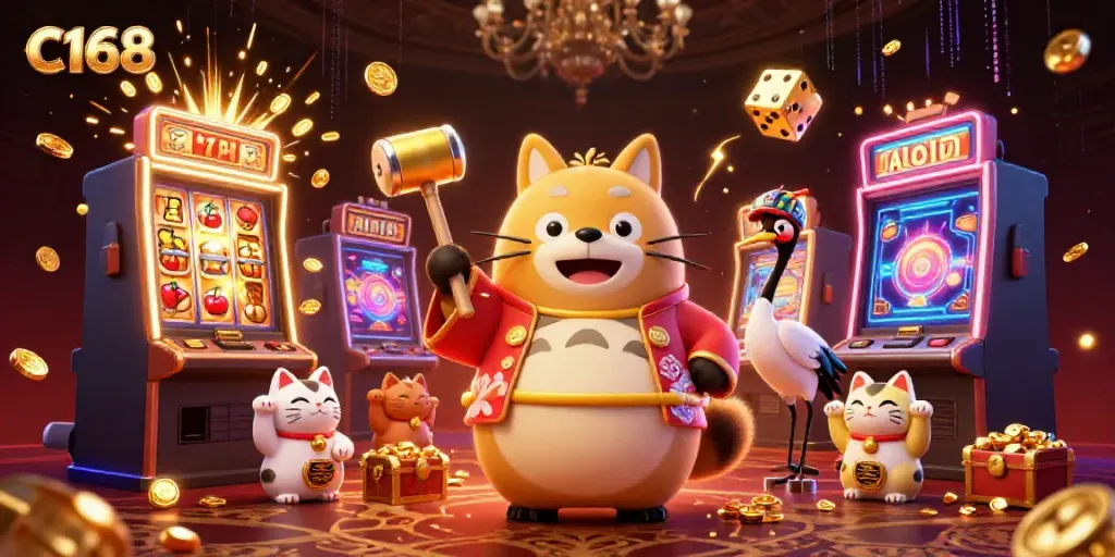 C168 showcases vibrant casino gaming with a joyful tanuki, a crane, and waving maneki-neko cats surrounded by slot machines