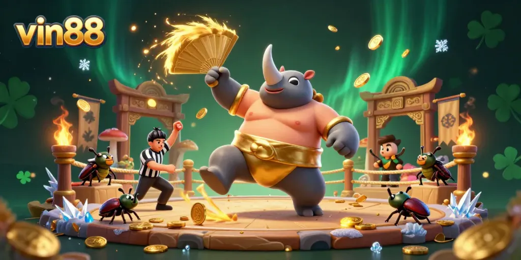 vin88 players enjoy winning moments as a rhinoceros beetle stomp sends coins flying in a dynamic casino scene