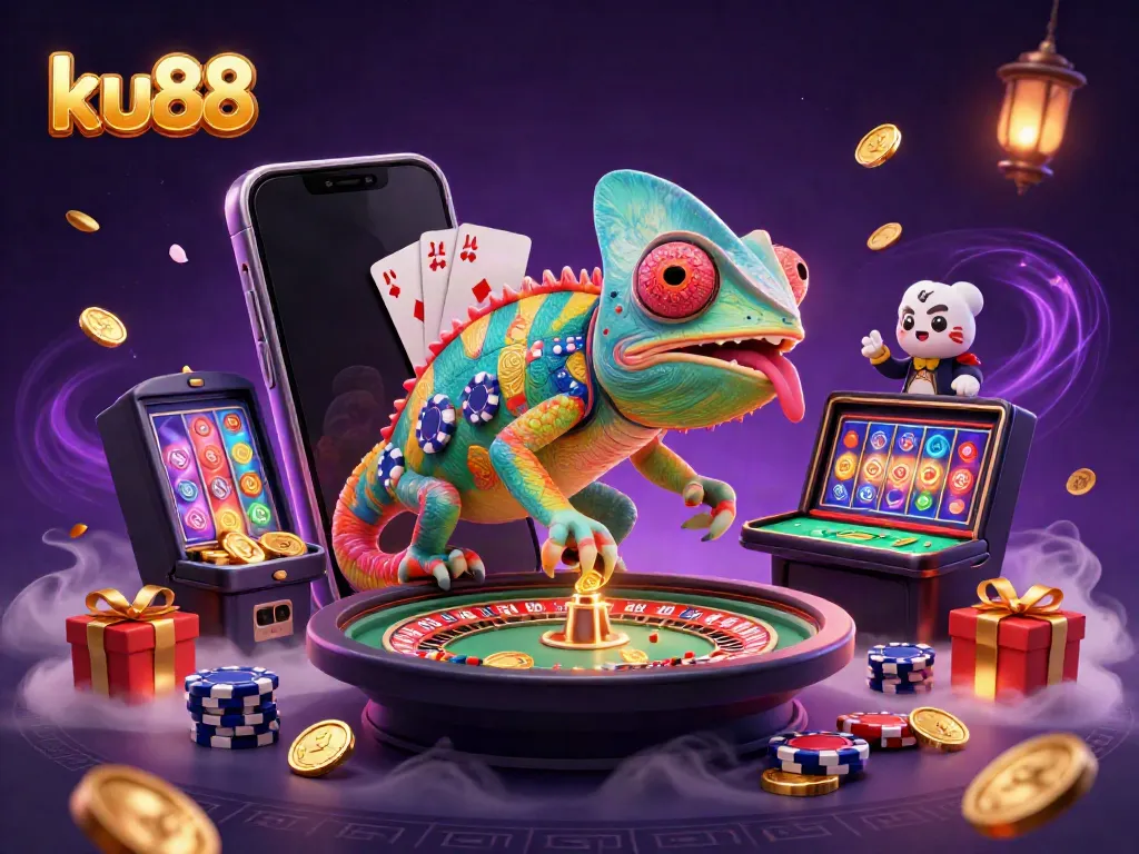 ku88 showcases a chameleon casino owner surrounded by vibrant gaming elements like slot games and golden coins.