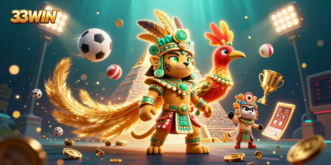 Bet on excitement with 33WIN in a vibrant Mayan-themed casino illustration featuring dynamic sports elements.