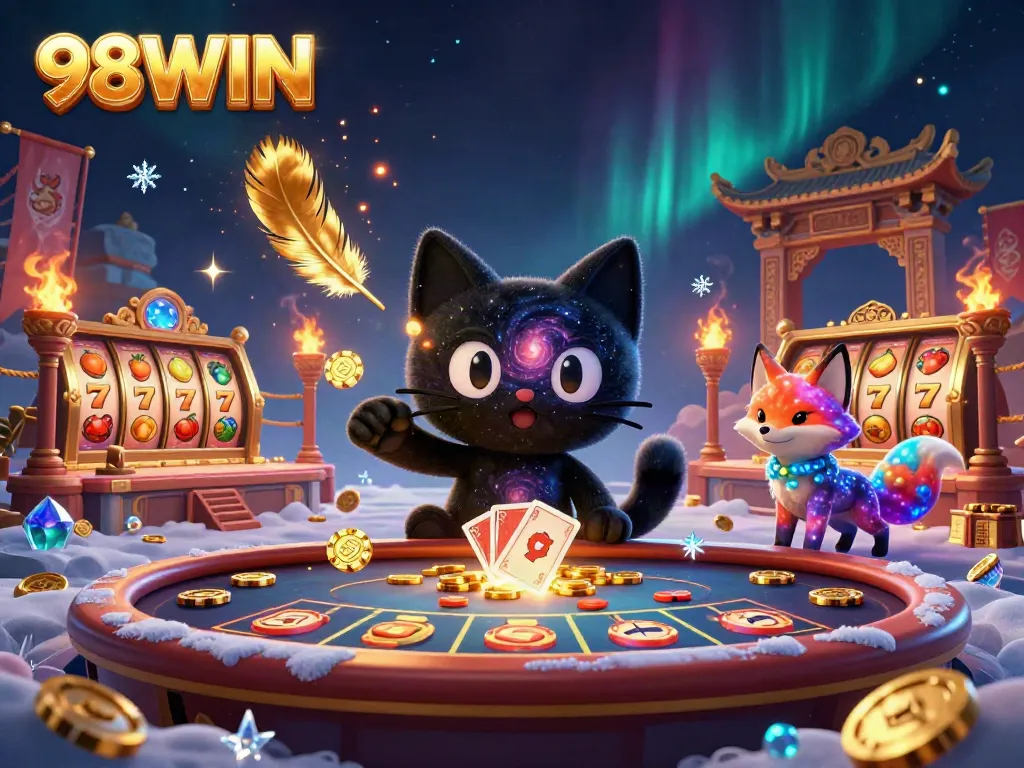 Engage with 98WIN's cosmic casino scene featuring vibrant characters and dynamic game elements